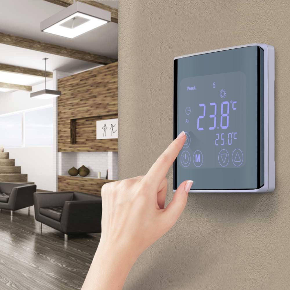 Weekly Programmable Underfloor Heating Thermostat LCD Touch Screen Room Temperature Controller Thermostat White Backlight